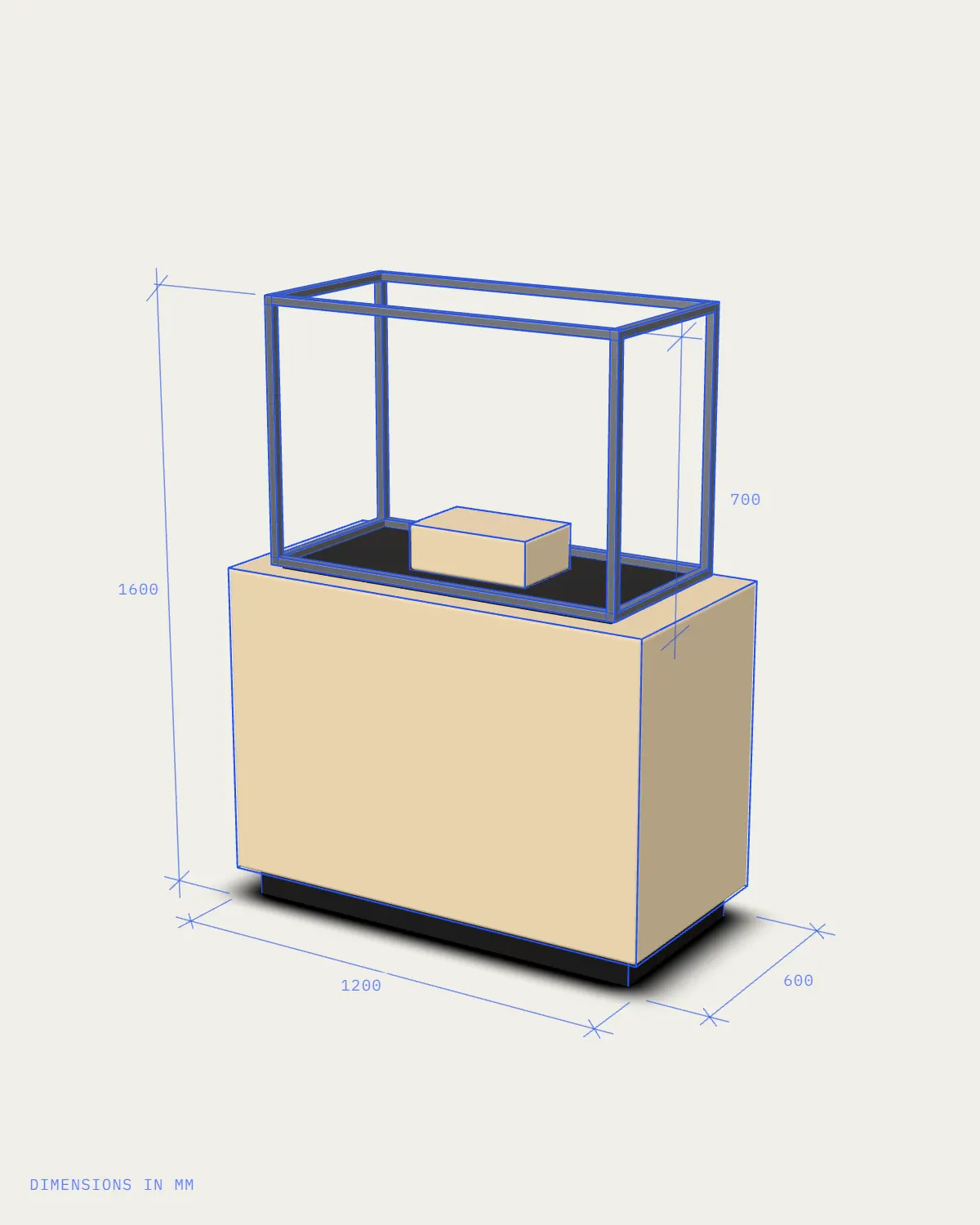 The same vitrine as a raw build in MDF and bare steel.