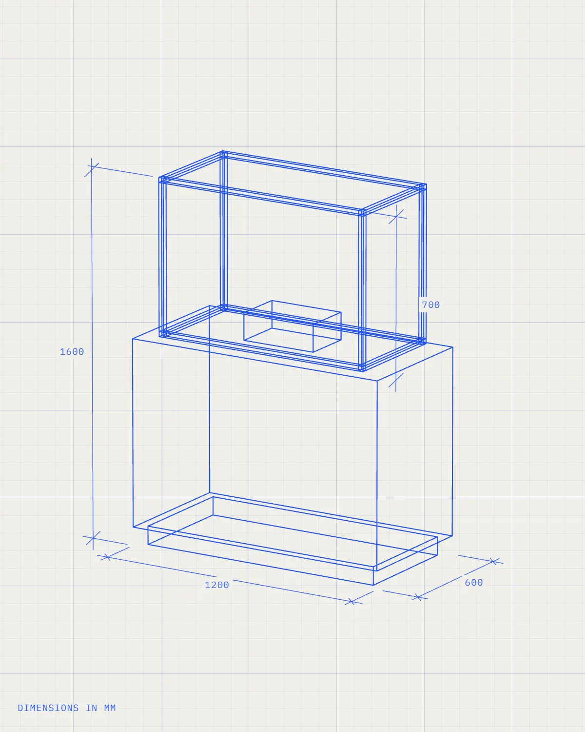 Line drawing of a display vitrine with dimensions in millimetres: 1200 wide, 600 deep, 1600 high, glass case 700 high.