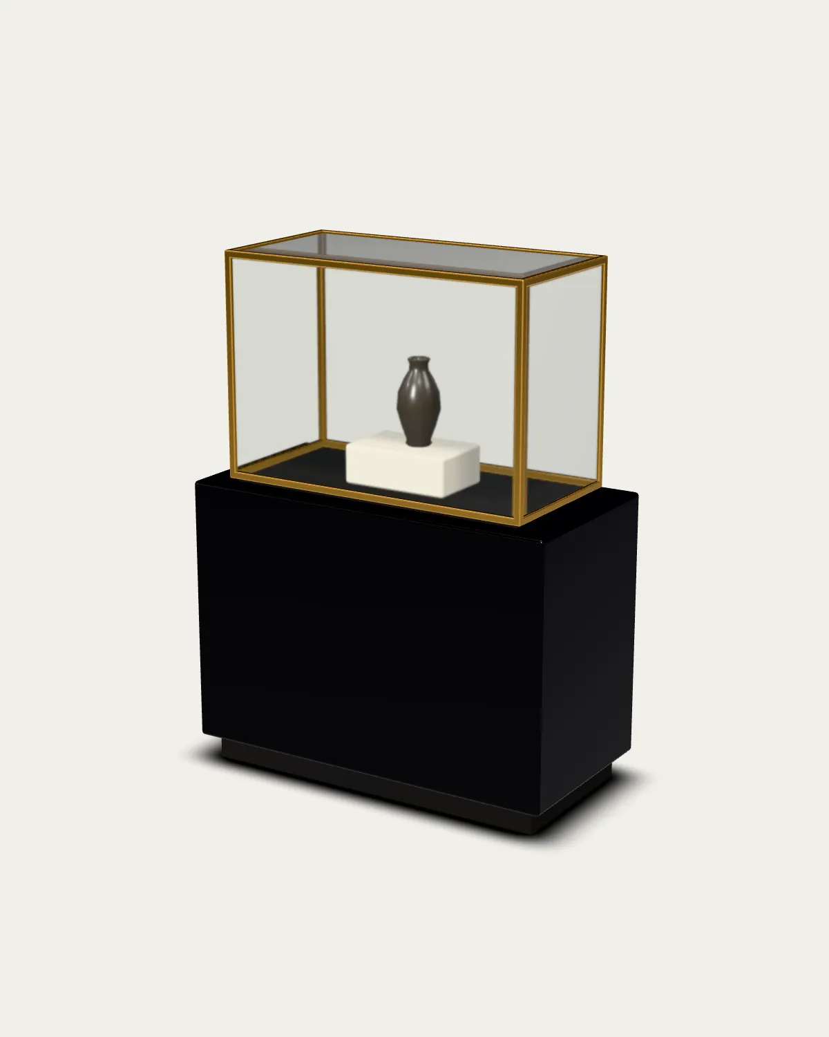 The vitrine finished: black lacquer plinth, brass frame, glass case, a turned stone vessel on the riser.
