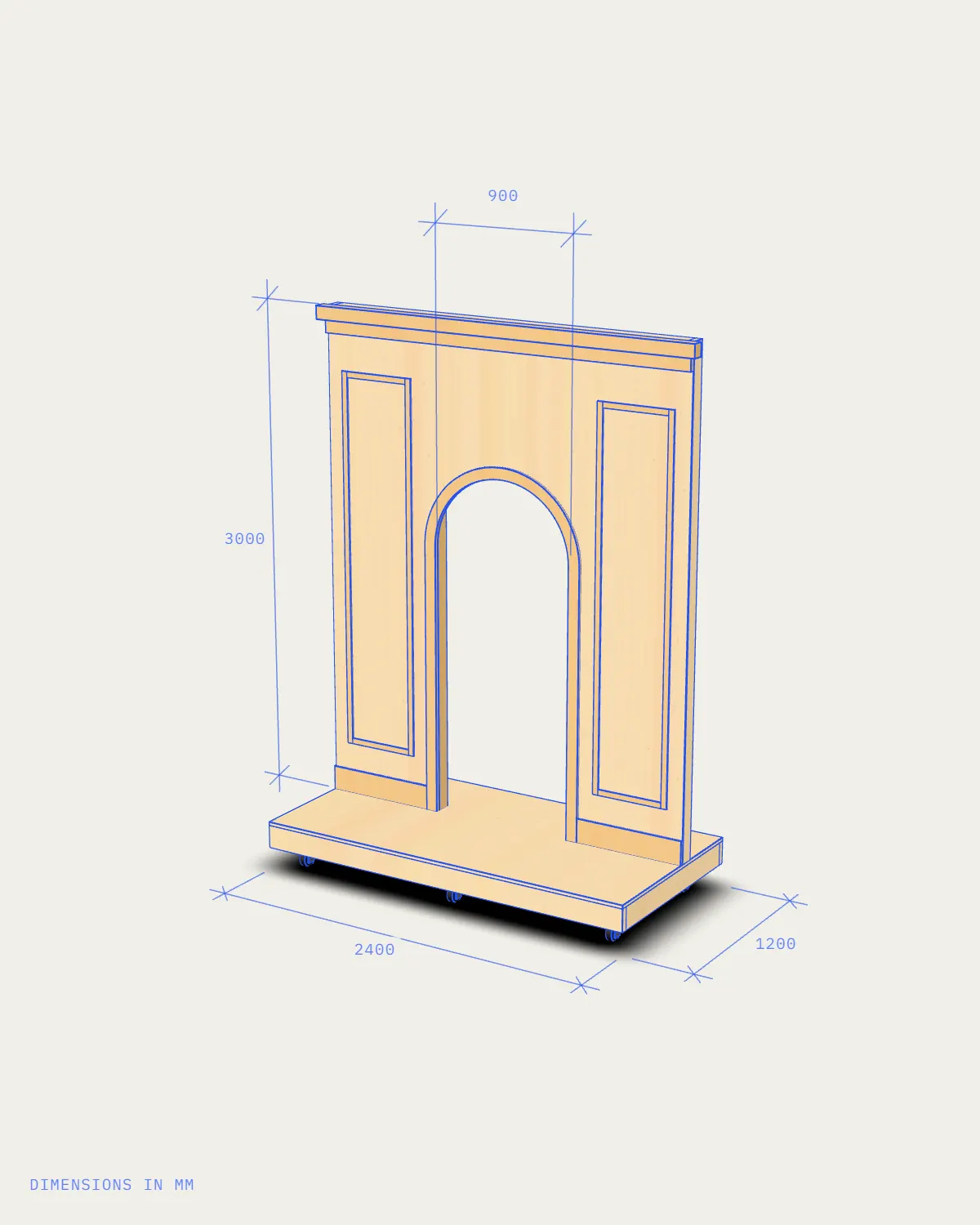 The same flat and wagon as a raw build in ply and timber, on casters.