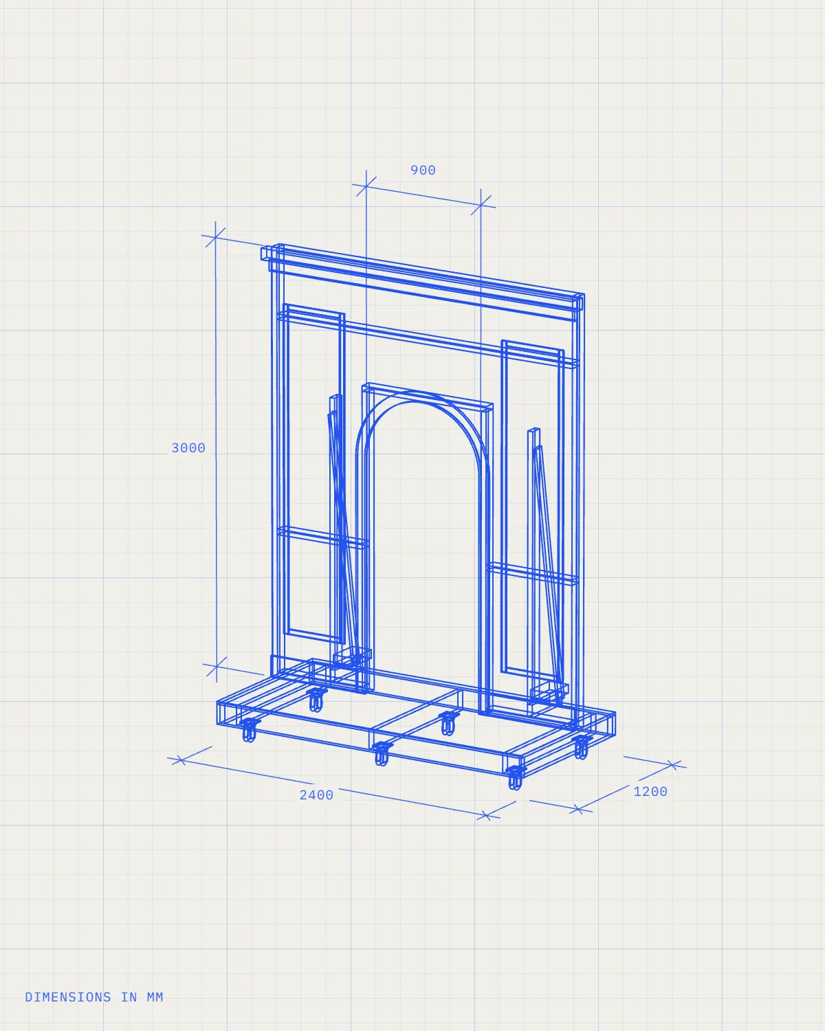 Line drawing of a door flat on a rolling wagon with dimensions in millimetres: 2400 wide, 1200 deep, the flat 3000 high with a 900 doorway, the jacks behind it and the casters drawn in.