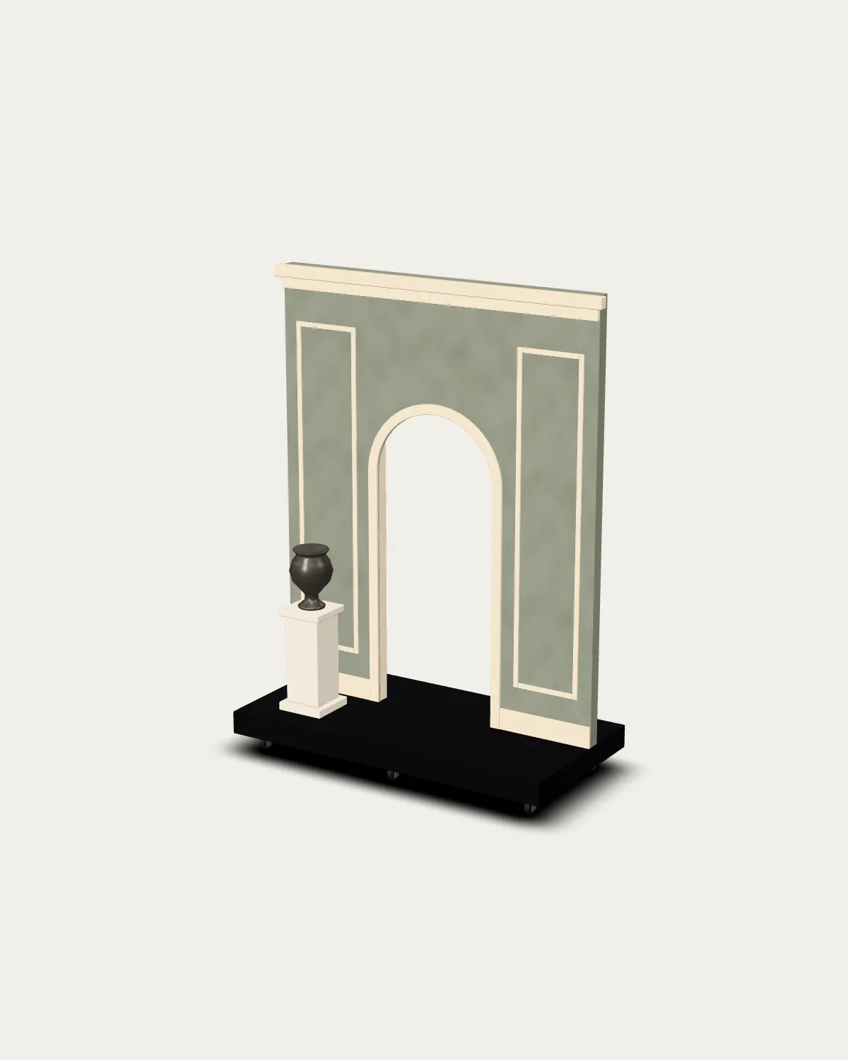 The flat finished in scenic paint: a painted wall with cream trim around an arched doorway, an urn on a pedestal, a black wagon on casters.