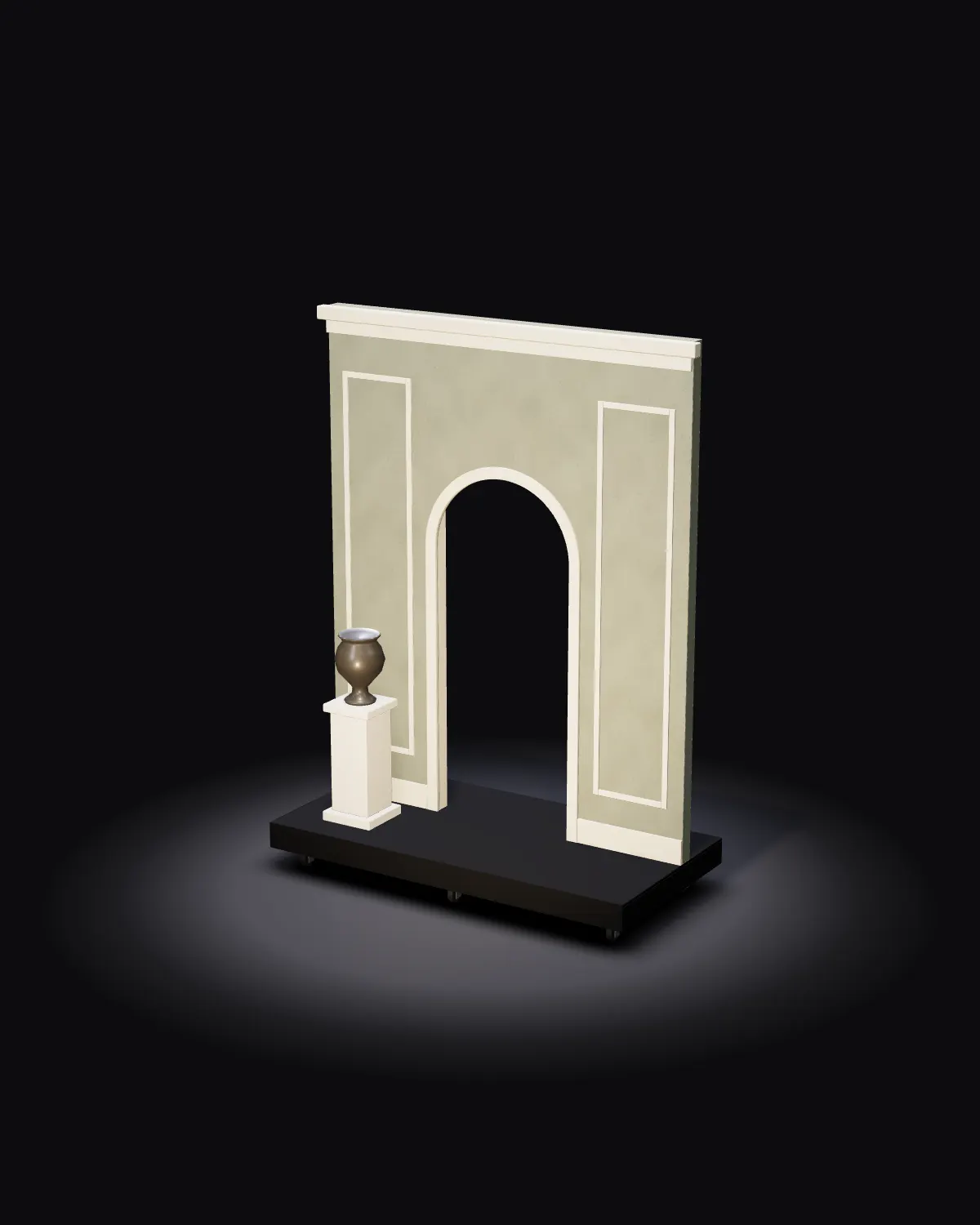 The door flat lit on a dark stage: scenic paint on the wall, cream trim, a black wagon.