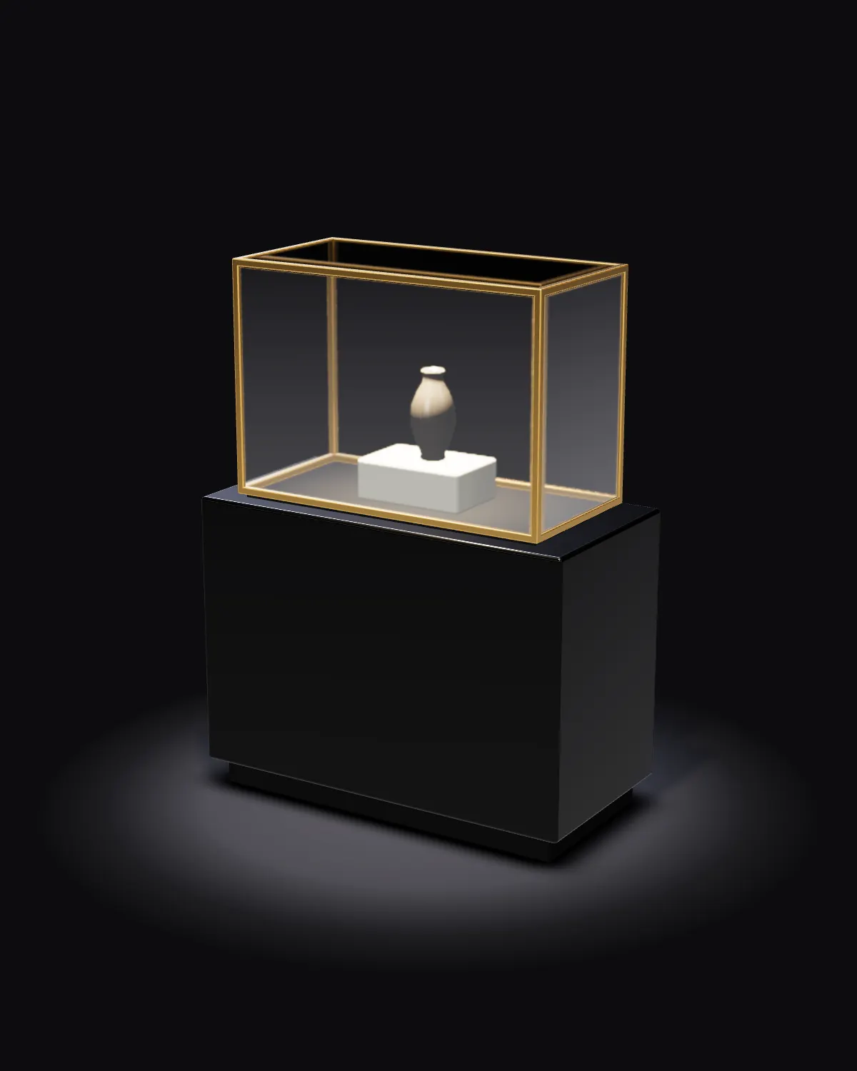 The vitrine lit on a dark stage: black lacquer plinth, brass frame, glass case.
