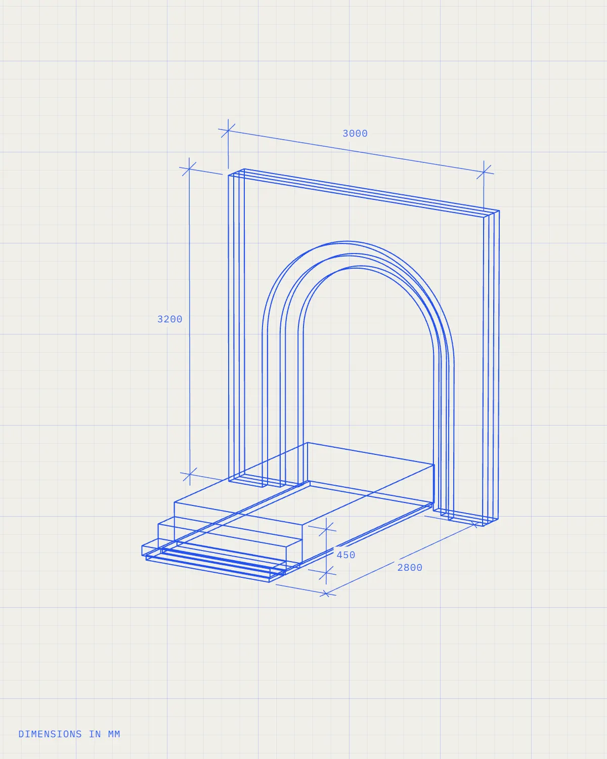 Line drawing of a runway set with dimensions in millimetres: a stepped arch 3000 wide and 3200 high, and a runway 450 high that runs 2800 out from the arch and steps down to the floor.