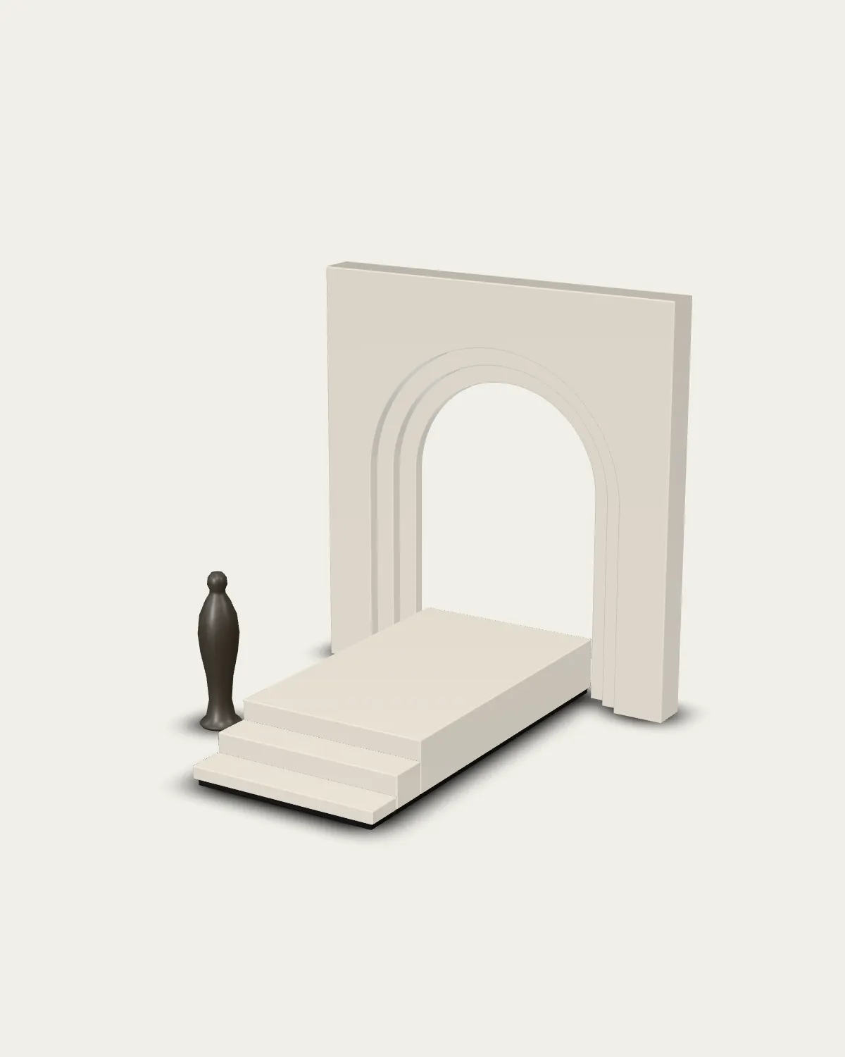 The runway set finished in white lacquer: a stepped arch, the runway and its two steps, a turned stone figure beside it.