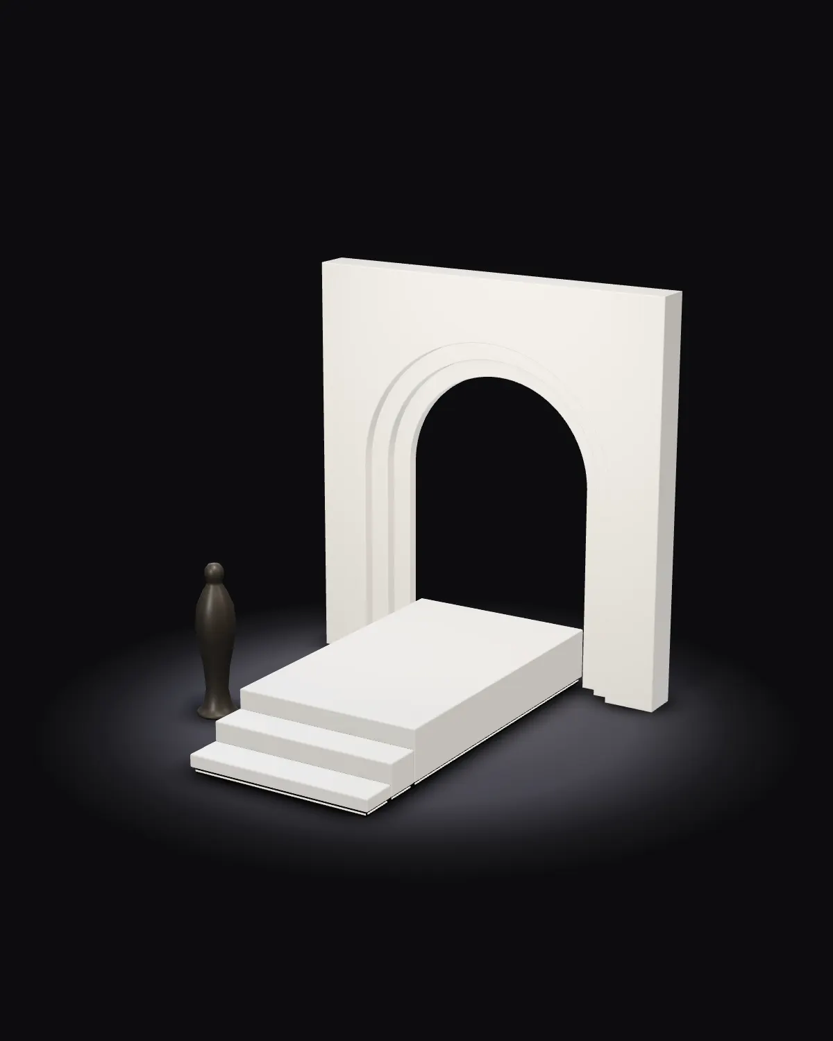 The runway set lit on a dark stage, arch and runway in white lacquer.